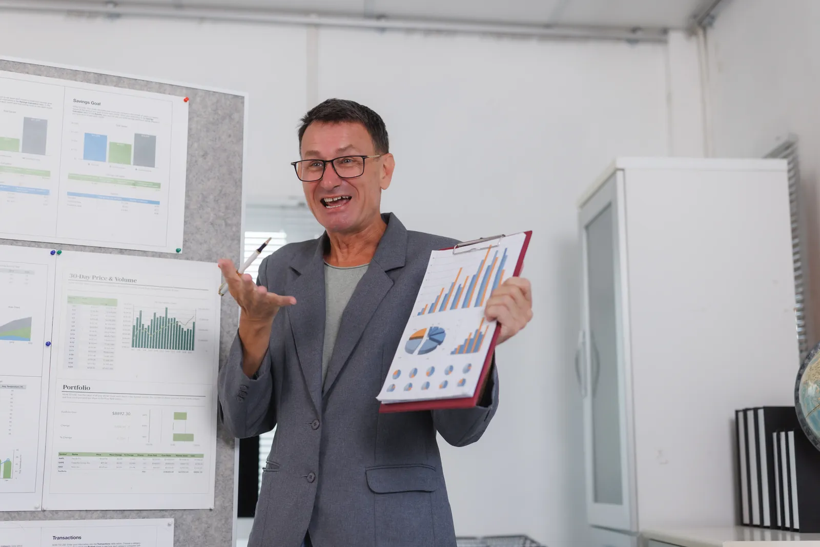 Business professional presenting financial reports showing cost savings from hiring LATAM talent